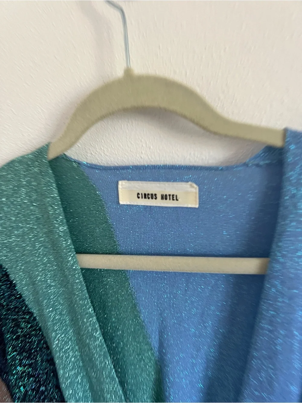 Circus Hotel Chevron Stripe V-Neck Jumpsuit in Blue and Teal, size 38